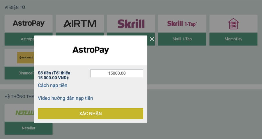 Hướng dẫn nạp tiền nhà cái bằng Astropay