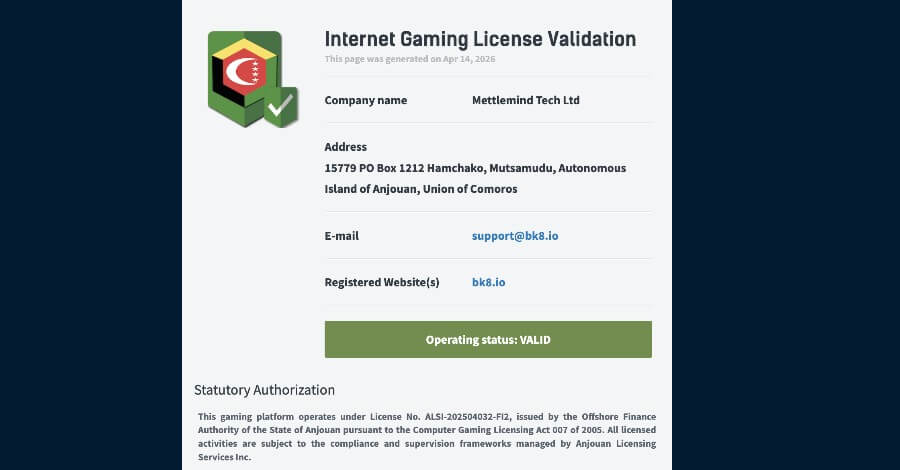 Giấy phép nhà cái BK8