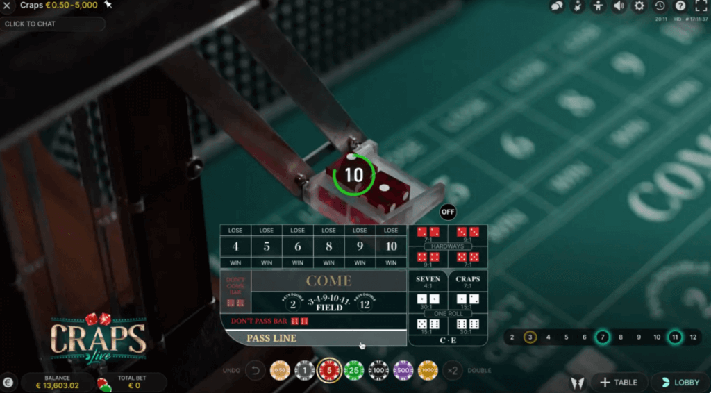 Bàn chơi Craps từ Evolution Gaming