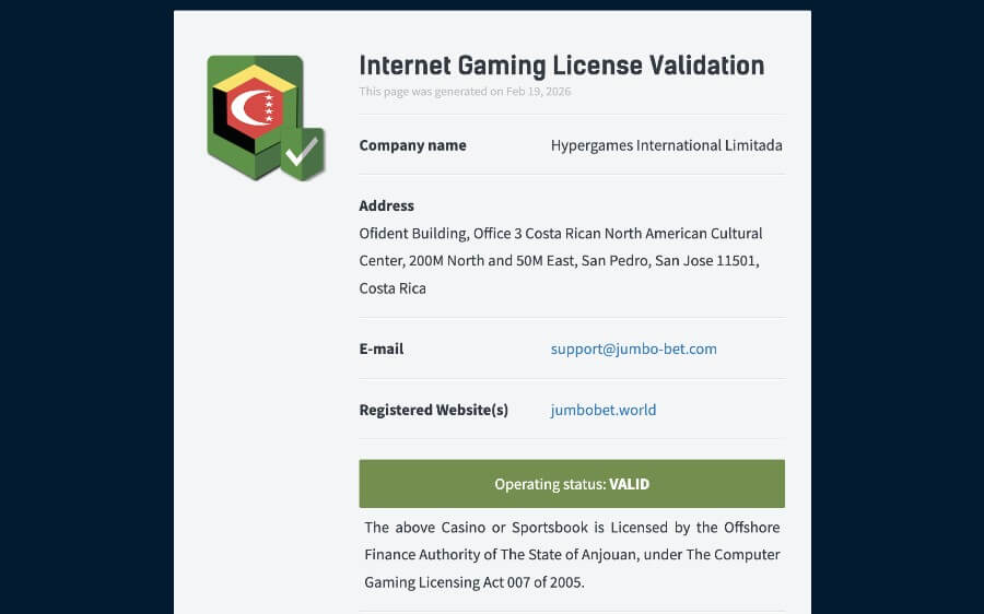 Giấy phép cá cược của JumbBet