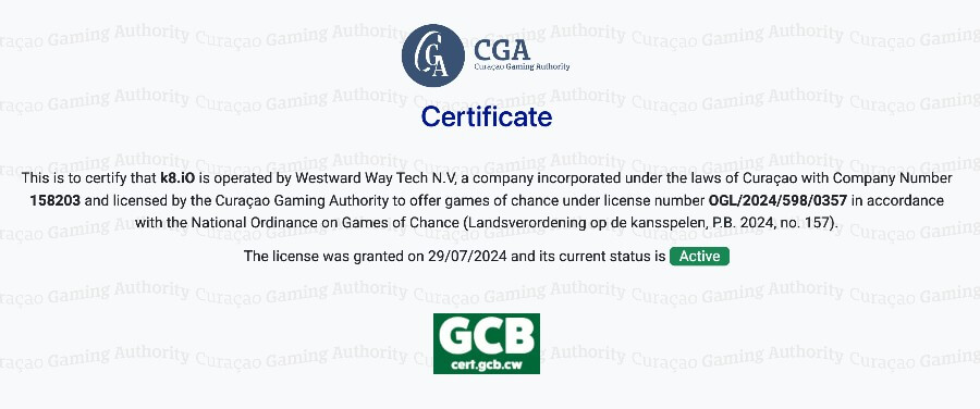 Giấy phép nhà cái K8