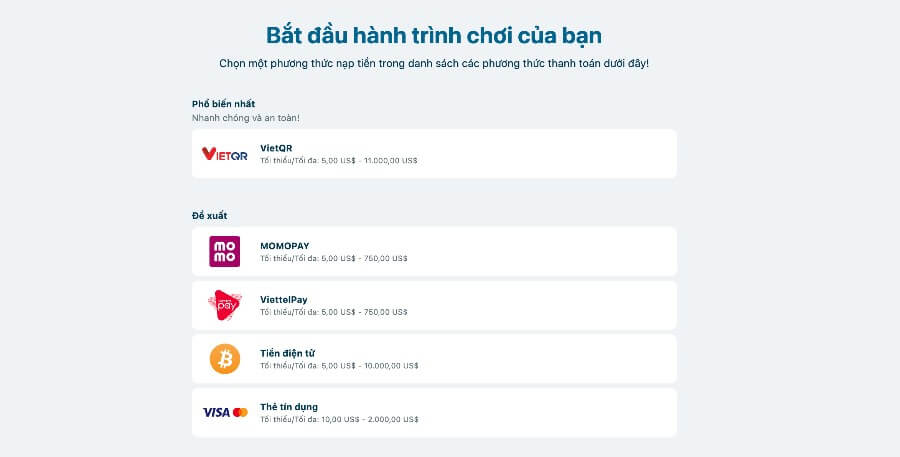 Phương thức nạp tiền